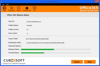 View progess report of software restoring PST files to  Office365 webmail account